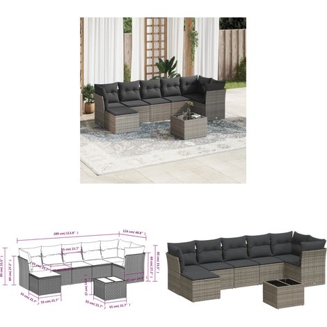 8-tlg. Garten-Sofagarnitur mit Kissen Grau Poly Rattan - Gartenmöbel Set - PE-Rattan Möbel - Outdoor Sofa - Lounge Garnitur - Esstisch Set - Home & Living