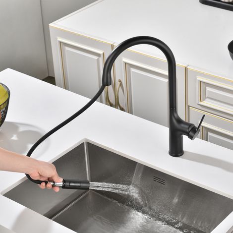 SUMERAIN Mitigeur de Cuisine Noir Mat à Grande Courbure avec Douchette Escamotable Bec Monotrou en Acier Inoxydable Sans Plomb (1/5)