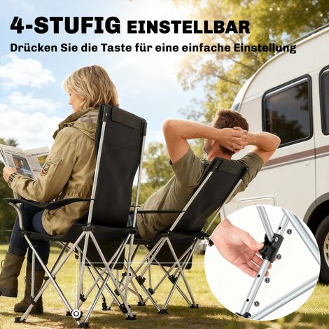Lot de 2 sièges pliables pour camping/pêche avec repose-pieds amovible et porte-verre, capacité max 120 kg, noirs (1/4)