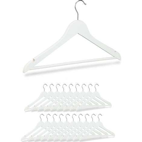 Set of 20 Relaxdays Wooden Coat Hangers, Notches, Pants Rail, 360° Swivel Hooks, 44.5 cm Wide, White