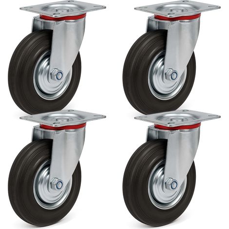 Wiltec Lenkrollen Set 4x Transportrolle mit Vollgummirad Ø75mm bis 50kg pro Rad mit Metallfelge und Anbauplatte, leiser Lauf, Transportrollen Möbelrollen Laufrollen