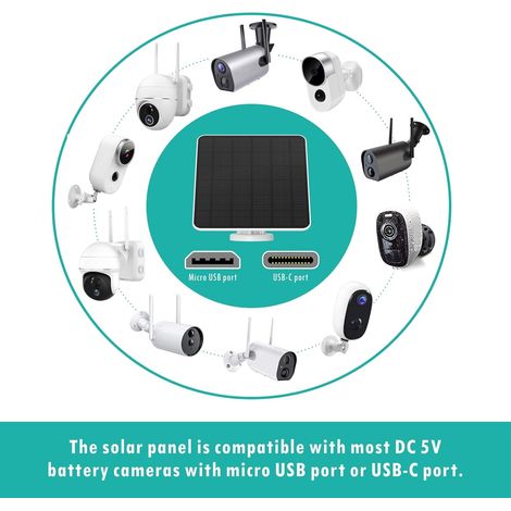 Pannello solare per telecamera di sicurezza, pannello solare USB da 4 W compatibile con telecamera di sorveglianza ricaricabile DC 5 V, pannello solare per telecamera con cavo da 3 metri (1/4)