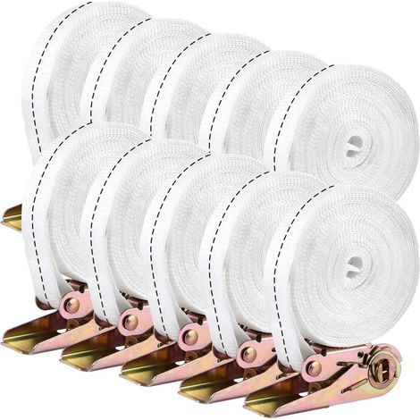Lot de 10 sangles d'arrimage avec cliquet 6m x 25mm, force de traction 800kg, Blanc
