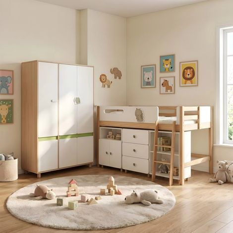 Set Cameretta GINGER HOME DINO con Letto Combinato 90×200 cm, Armadio, Mobili, Cassettiera, Libreria e Rete (1/5)