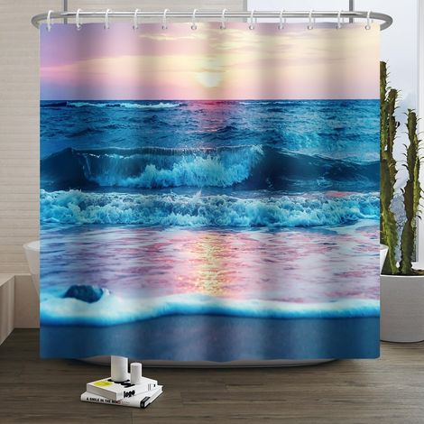Rideau de Douche Plage d'été Grandes Vagues en 3D Rideau de Douche imperméable Sable mer Nature Tropicale Paysage de Lever de Soleil Lavable Décoration de Salle de Bain 150x200cm (1/5)