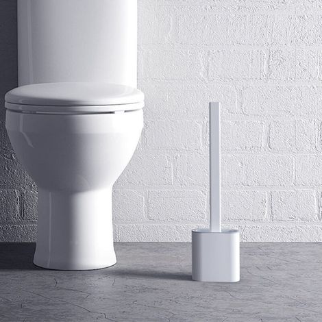 Brosse WC adhésive souple, manche, étiquette blanche, mur (1/5)