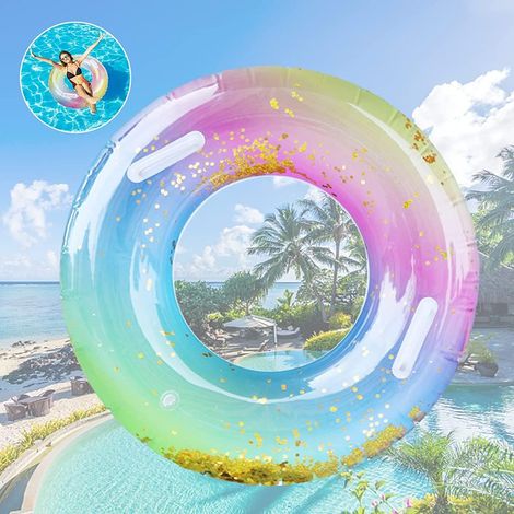 Bouée pour adulte, bouée à paillettes arc-en-ciel avec poignée, bouée flottante transparente, bouée gonflable résistante pour piscine, idéale pour les fêtes d'été à la piscine (1/5)
