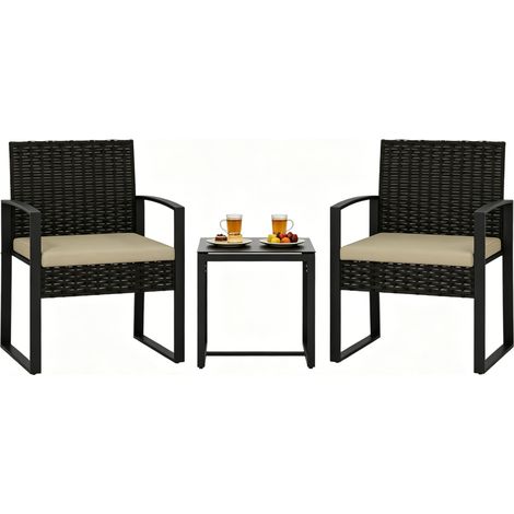 CHICFURN Set da giardino 1 tavolo 2 sedie 55x58x76 cm e 40x40x40 cm in rattan PE nero (1/5)