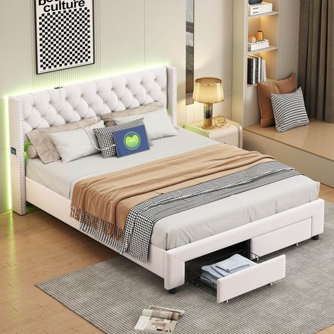 Lit Coffre 140x190 cm avec Éclairage LED et Port USB,Lit capitonné avec 2 tiroir,sommier à lattes,Lits 2 Personnes pour Adultes et Adolescents,Lit moderne,Velours,Beige (1/5)