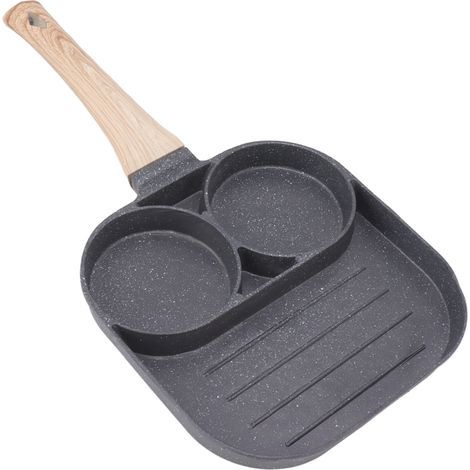 Poêle à œufs ronde à 2 compartiments, antiadhésive, avec manche en bois, compatible avec les plaques à induction et à gaz. (1/5)