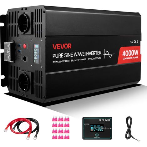 Convertisseur Pur Sinus CC 12 V vers CA 230 V Onduleur Sinusoïdal Pur 4000 W, avec Écran LCD, Télécommande Filaire, Port USB et Type-C, 2 Prises CA, pour Camping-car, Voiture, Système Solaire (1/5)