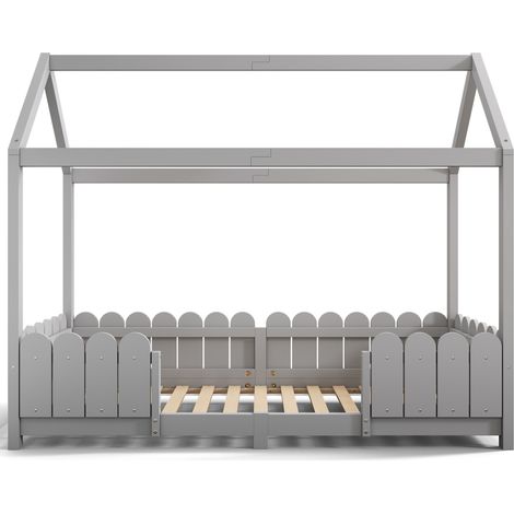Cama casita infantil gris 90 x 200 cm con barrera de seguridad y somier de láminas (1/5)
