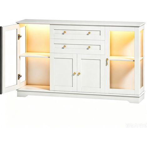 Buffet bas de cuisine,avec 2 portes vitrées,2 portes bois,2 tiroirs, 140x86x40cm,éclairage led,pour cuisine, salle à manger, blanc (1/5)