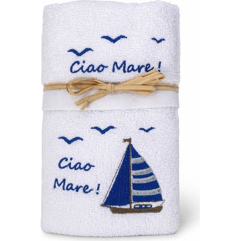 Set Asciugamani Bagno Bianco “Ciao Mare” in Spugna 100% Cotone, Ricamo Barca a Vela Blu, Made in Italy, Idea Regalo (1/5)