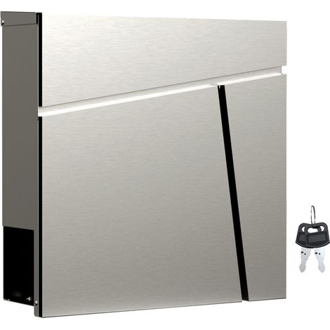 Wiltec Designer Briefkasten V23 Edelstahl 370 x 102 x 370 mm, Wandbriefkasten mit Schloss und Zeitungsrolle, Postkasten aus Stahl (1/5)