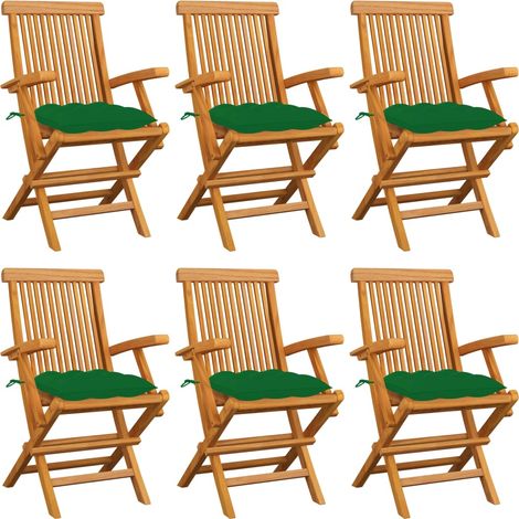 Gartenstühle mit Grünen Kissen 6 Stk. Massivholz Teak