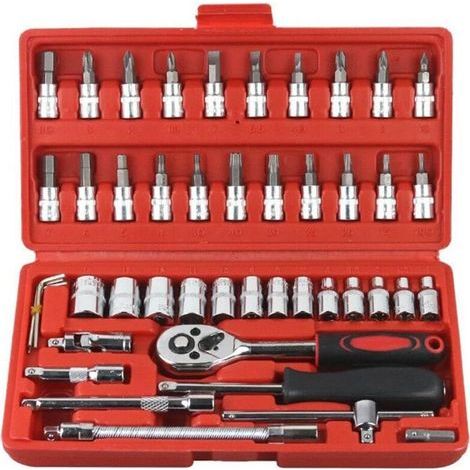 Coffret de 46 douilles 1/4 pouce, jeu de clés à cliquet avec douilles métriques et rallonge pour la réparation automobile et le ménage (1/4)