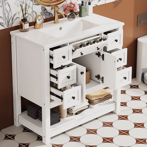 Meuble sous vasque avec lavabo céramique 91,5 x 46,5 x 90 cm,meuble de salle de bain avec tiroirs,meuble sous lavabo,blanc (1/5)