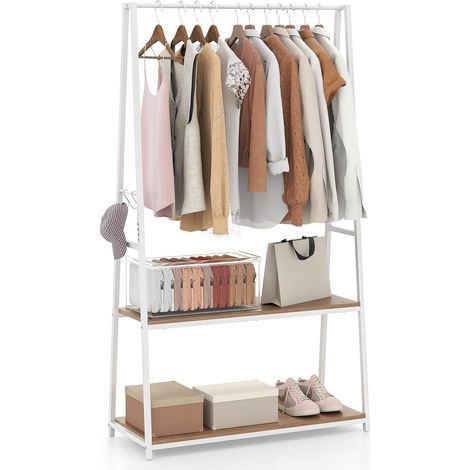 COSTWAY Clothes Rack Home Freestanding Clothes Rack w/ 2 Shelves-Natural (1/5)