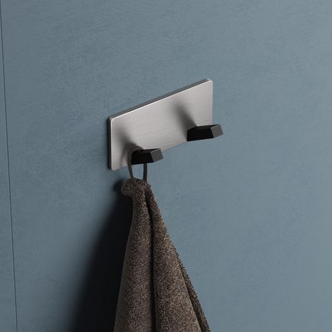 doporro Portasciugamani Adesivo Senza Forare, Ganci Autoadesivi Extra Forti in Acciaio Inox, Gancio da Parete per Bagno, Cucina, Corridoio e Porta, Nero Opaco/Nichel Spazzolato (1/5)