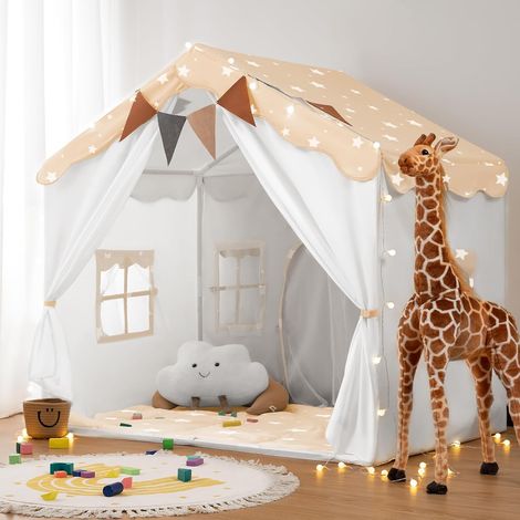 Tente Enfant 2 en1, Cabane Enfant Intérieure avec Tapis Rembourré, Lumières et Drapeaux, Tente de Jeu pour Enfants Princesse, Idéal pour la Décoration de Chambre d'enfants et Fête (Étoilé) (1/5)