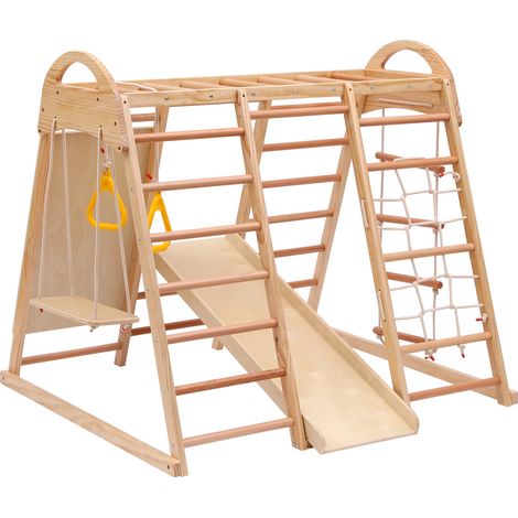 Structure d'escalade multifonction 7-en-1 en bois massif et hêtre avec balançoire, toboggan et accessoires lumineux (1/5)