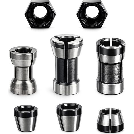 Jeu de 8 mandrins de défonceuse en acier au carbone (0,236/0,25/8 mm), comprenant un porte-brides avec 2 écrous et des adaptateurs pour défonceuse. Convient également pour la gravure et le travail du (1/5)