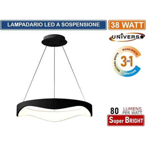 LAMPADARIO LED A ONDA NERO MOTAGGIO A SOSPENSIONE 38W COLORAZIONE LUCE 3IN1 CCT 3000K - 4000K - 6500K (1/2)