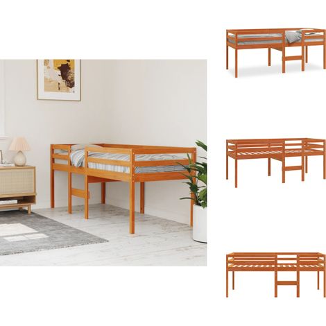Lit haut sans matelas cire marron 90x190 cm bois massif - Lit Mezzanine - Lit Surélevé - Lit Enfant - Lit Double Hauteur - Mobilier Enfant (1/5)