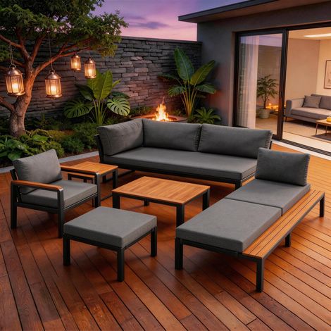 Modular Outdoor Sofa Set with Free Combination, Aluminium Frame, Breathable Cushions, Wooden Coffee Table & Side Table, for Patio, Garden & Backyard