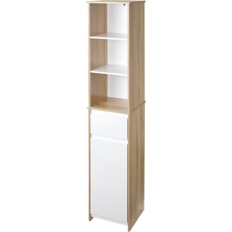 Platzsparendes Badezimmerregal aus Holz, Säulenregal mit Ablagen, Schrank und Schublade, weiß, 32,6 x 30 x 171,2 cm