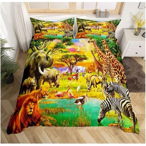 Animaux Housse de Couette Lion Éléphant Zèbre Girafe Parure de Lit 240x260cm Tropical Animaux Ensembles de Housse de Couette - DM5 (1/4)