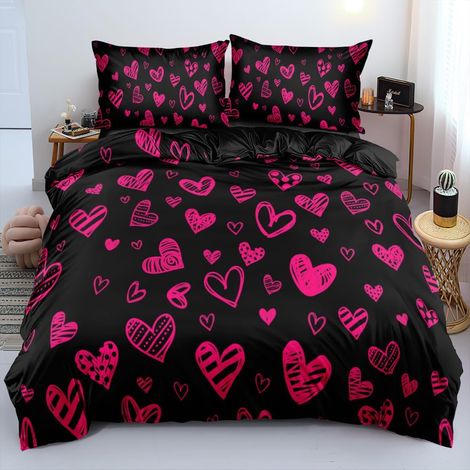 Parure de lit 155x220 Fille Noir avec Cœurs Roses Linge de lit Cœurs Doux et Confortable en Microfibre Ensemble de Housse de Couette 3 Pièces pour Filles Cadeau avec Fermeture Éclair et 2 Taies - 155 (1/5)