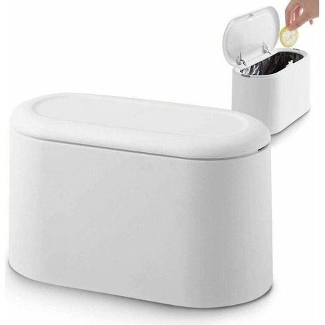 Pattumiera con coperchio a pressione, pattumiera a spinta, cestino bianco da tavolo, mini cestino da banco, piccolo cestino da tavolo per cucina, bagno, ufficio, letto, antiodore (1/4)