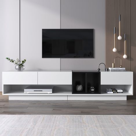 Meuble TV Blanc et Noir Laqué High Gloss 190 cm, Design Color Block, 3 Tiroirs Coulissants, Niches Ouvertes, Console TV pour Salon Moderne Contemporain Grand Format (1/5)