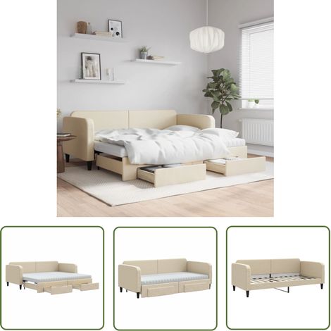 The Living Store Tagesbett Ausziehbar mit Schubladen Creme 90x200 cm Stoff - Sofa - Schlafcouch - Gästebett - Tagesbett - Möbel (1/5)