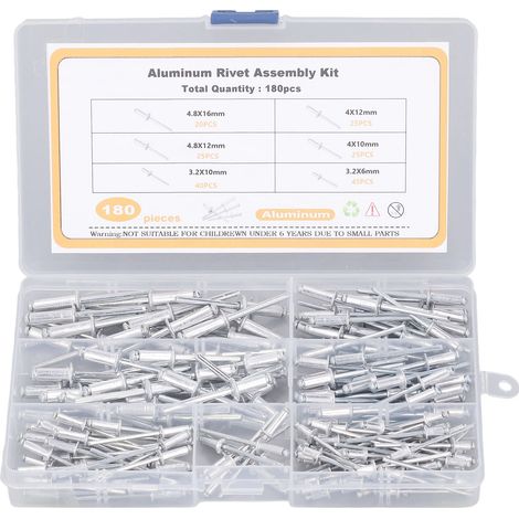 180Pcs Blind Rivet Flange Aluminium Alloy 6 Sizes Assortment Set Kit for Connection
