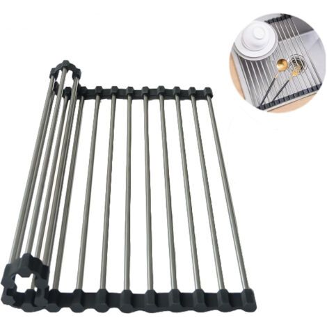 Égouttoir à Vaisselle Enroulable, égouttoir à Vaisselle au-Dessus de l'évier, égouttoir à Vaisselle Portable en Acier Inoxydable, Multifonction, Organiseur de Cuisine (Gris 43x35cm) (1/4)
