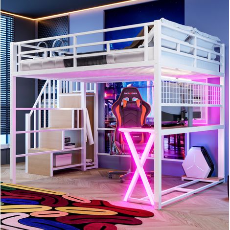 Cama alta 160/200 cm blanca con escritorio, LED, armario y escalera con almacenaje (1/5)