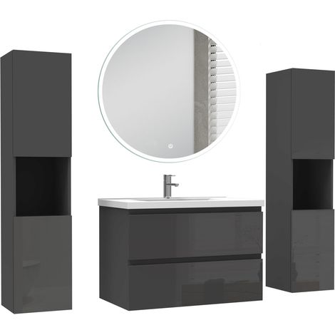 Ocean Ensemble de Meuble salle de bain 79cm + miroir led rond + 2 colonnes 131.5cm, noir Haut Brillant