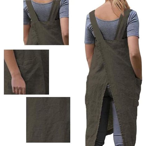 Abito stile grembiule con spalline incrociate sulla schiena, tasche, misto cotone-lino, taglie forti. (1/3)