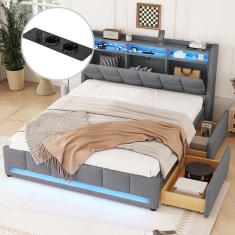 Bett 140x200 cm, 2 Plätze, mit 2 Schubladen, verstecktem Stauraum-Kopfteil, LED, USB-Anschluss, Holzlattenrost, gepolstertes Leinenbett – Grau