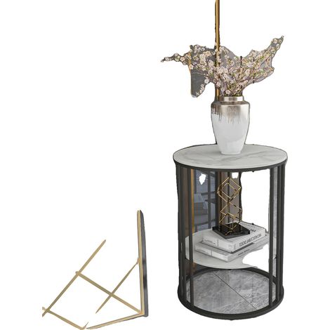 Table d'appoint, Plateau en pierre frittée, Rangement à deux niveaux, Noir (1/2)