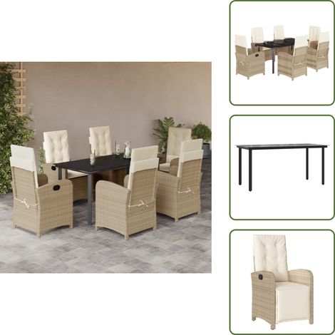 Rattanstuhl - vidaXL 7-tlg. Garten-Essgruppe mit Kissen Beige Poly Rattan - Sitzkissen (1/5)