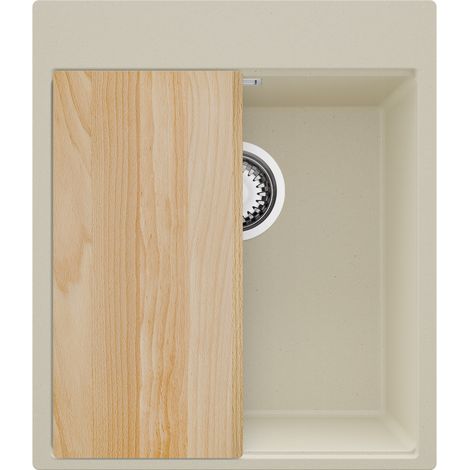 PRIMAGRAN Evier Cuisine en Granit 43x50cm,Lavabo 1 bac + Kit de Vidage + Planche à Découper, Évier à Encastrer au meuble 45cm - Oslo, Beige (1/5)