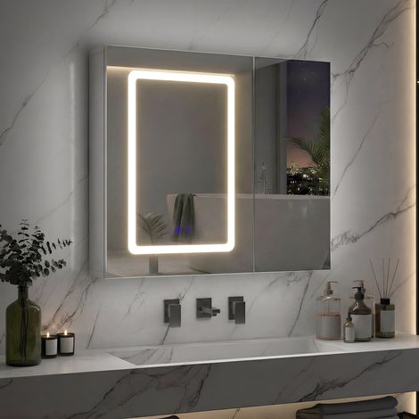 Miroir armoire de salle de bain LED - 2 porte et 6 étagères - Éclairage intelligent tactile - multiple niveaux de rangement - blanc (1/5)