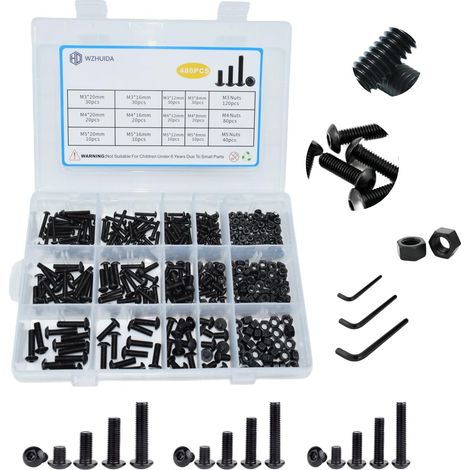 Lot de 480 vis à tête bombée à six pans creux en acier au carbone M3 M4 M5 avec écrous et 3 clés Allen dans une boîte d'assortiment, noires galvanisées (1/5)