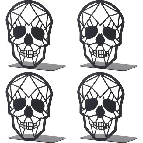 JSSEVN - Pairs Black Skull Design Bookend Metal Book Ends, Heavy Duty Bookends for Shelves Desk, Skull Book Shelf Holder for Heavy Books, Decorative Desktop (1/4)