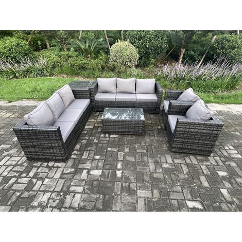 Fimous 8 Seater Outdoor Lounge Sofa Set Wicker PE Rattan Garden Furniture Set with 2 Armchair Oblong Coffee Table Side Table Dark Grey Mixed (1/5)