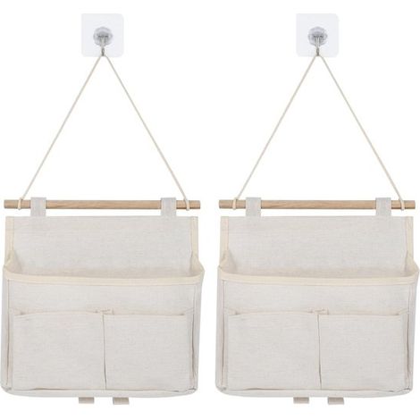 2x Rangement suspendu en toile avec tringle en bois – Organisateurs muraux blancs, imperméables et pliables – Sacs de rangement multifonctionnels pour salle de bain, chambre et dressing (1/5)